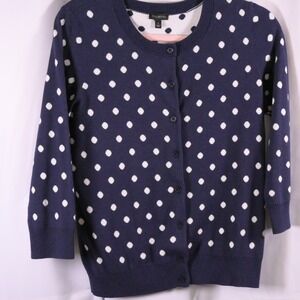 Talbots Navy Blue White Polka Dot 3/4 Sleeve Cardigan Womens Small